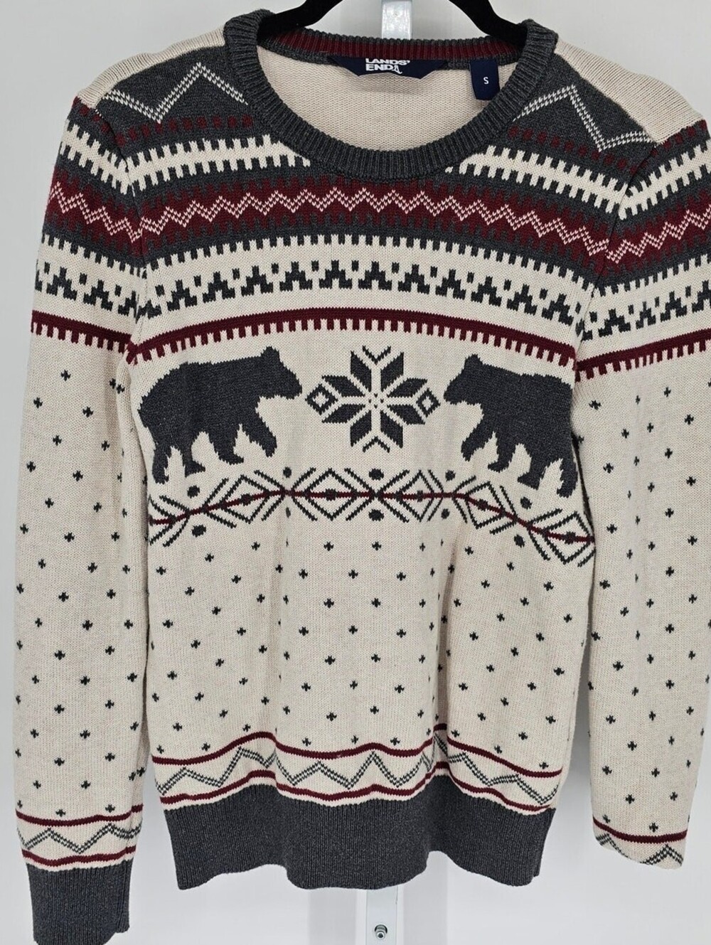Lands’ End Men’s Sweater sz S Pull Over Holiday Nordic Bear Print Christmas